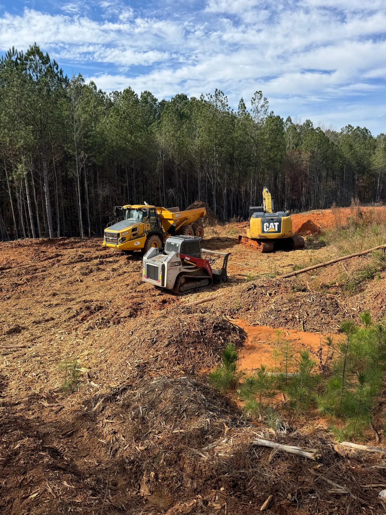 Forestry mulcher, excavator and dump truck on freshly mulched ground beside pine woods.